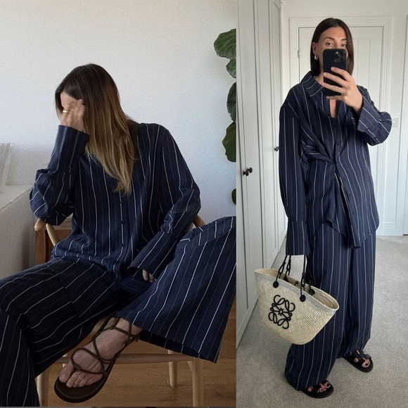 ALIGNE Pinstripe Lyocell Linen Wrap Front Shirt and Wide Leg Pants Sets Size 2 - Picture 3 of 15